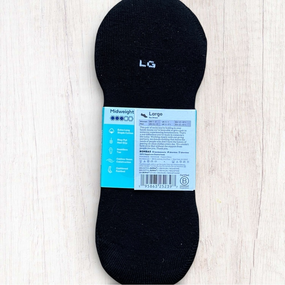 NWT Bombas Mid-Cut No Show Socks Black Large Supima Cotton Cushioned Footbed - Picture 2 of 4